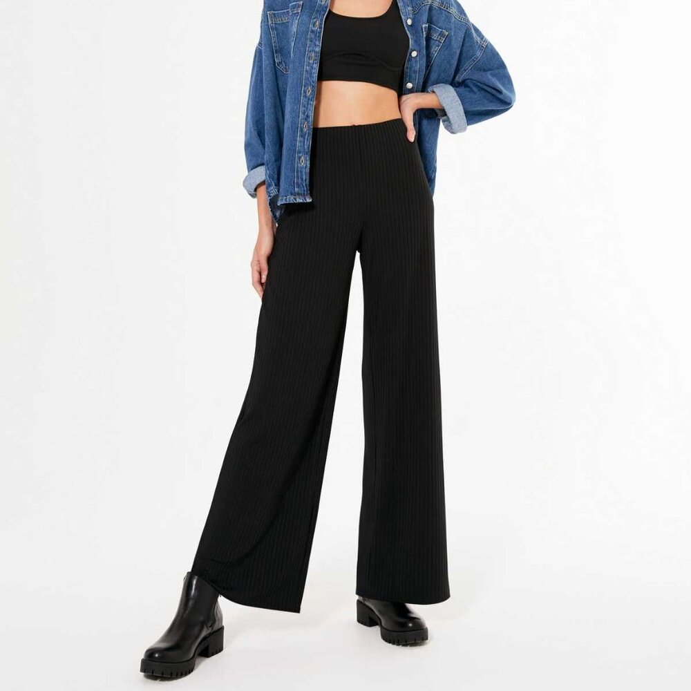 New Look Ribbed Wide Leg Stretch Pants 10 Black Pull On Style Loungewear Casual